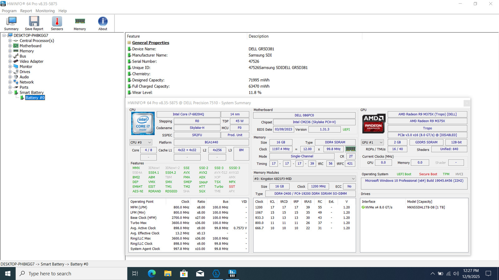 Dell Precision 7510 15″ FHD I7-6820HQ 1TB SSD 16GB W10P AMD Radeon (TM) R9 M375X