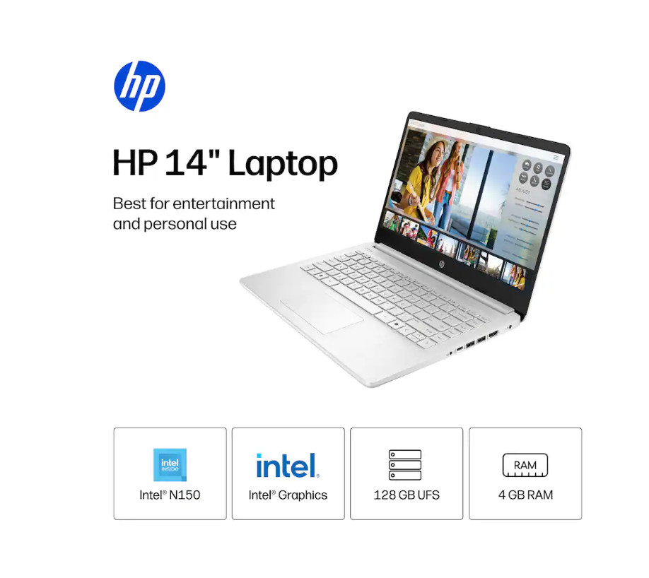 HP 14″ Laptop Intel N150 4GB RAM 128GB UFS Natural Silver