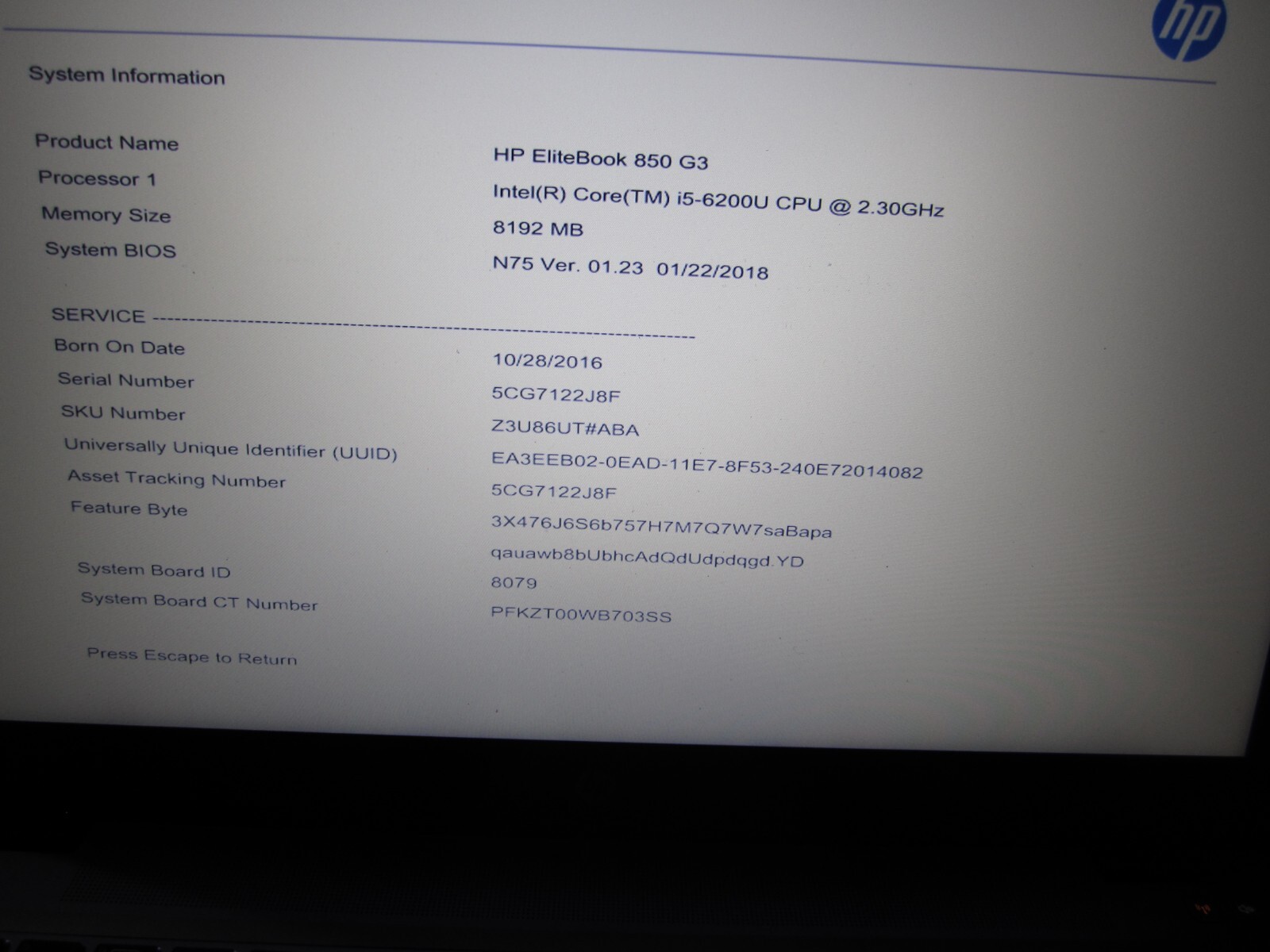 HP EliteBook 850 G3 Laptop Core i5-6200U 2.3 GHz 8GB RAM 256GB SSD Win 10 Pro