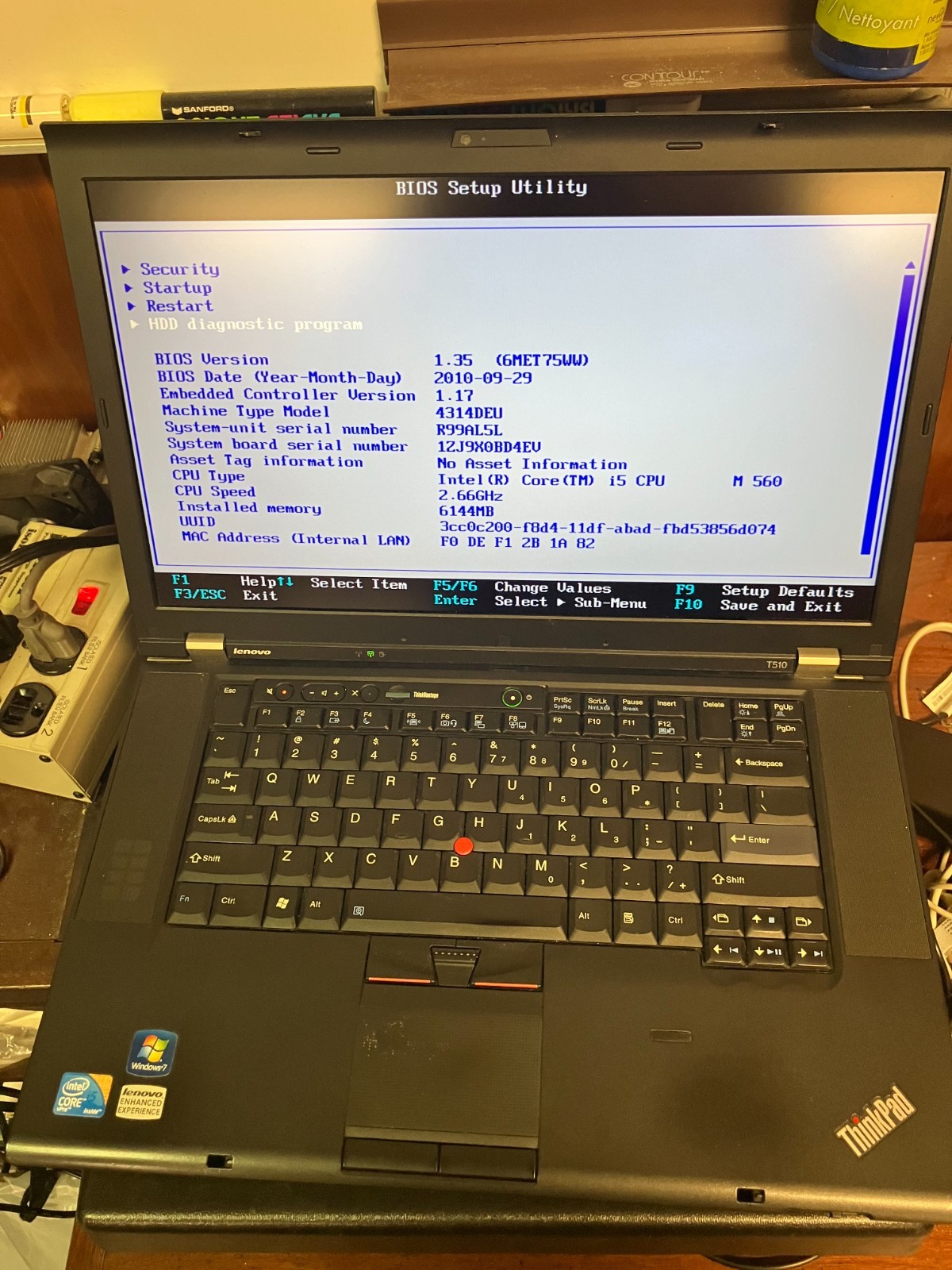 LENOVO THINKPAD T510 – BOOTS TO BIOS – INTEL I5 M560 – 6GB RAM – 320gb HD