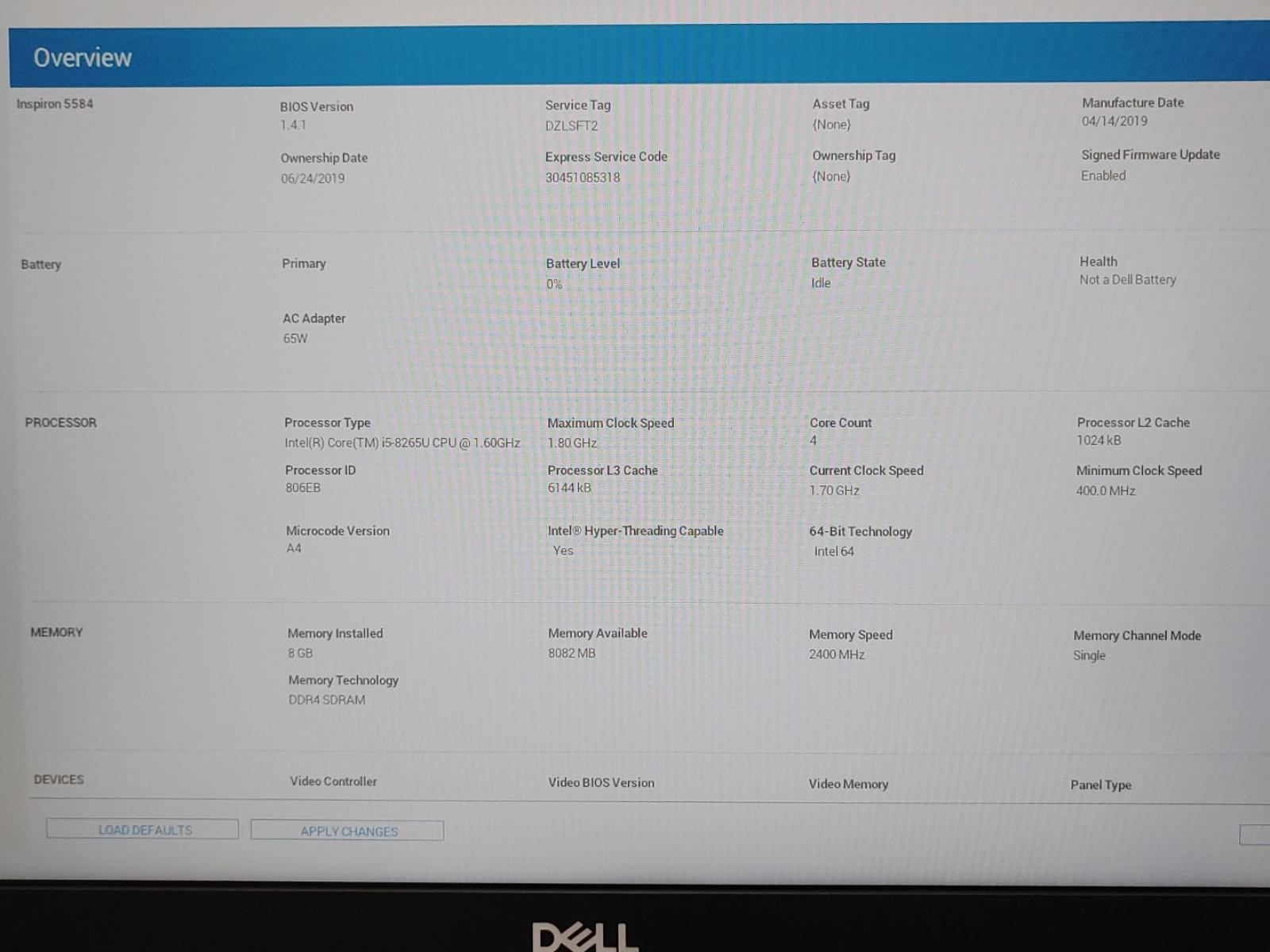 Dell Inspiron 5584 15.6″ Intel i5-8265U 8GB *NO SSD/NO OS/NO AC* **BAD BATTERY**