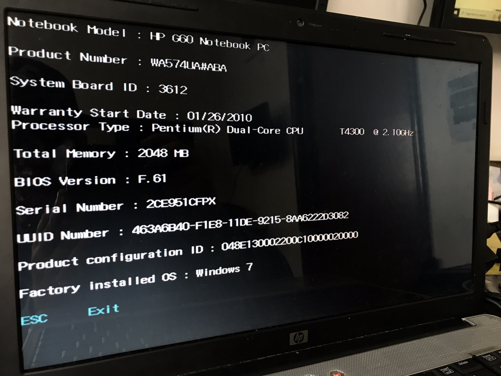 HP Laptop G60 PC 15” Pentium Dual-Core CPU T4300@2.10GHz 2GB RAM BOOTED TO BIOS