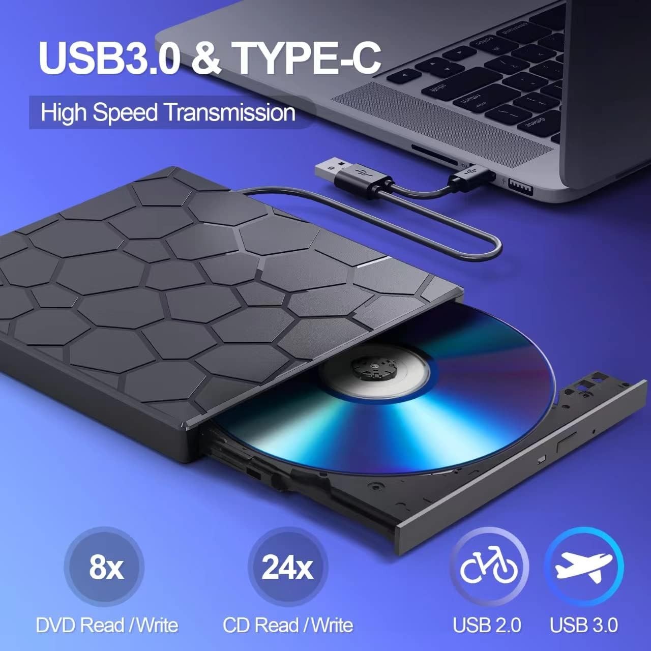 External CD DVD Drive 8-in-1 USB 3.0 Burner Player USB-C SD Card Hub Mac Windows