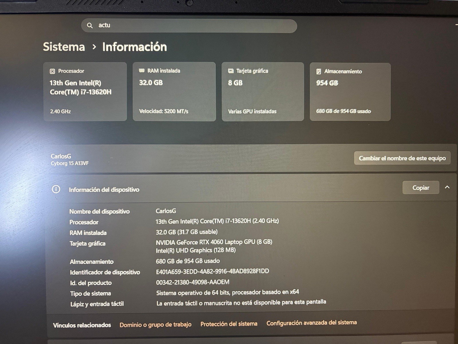 MSI Cyborg 15 A13VF i7-13620H 32GB 954GB SSD RTX 4060 15.6″ W11
