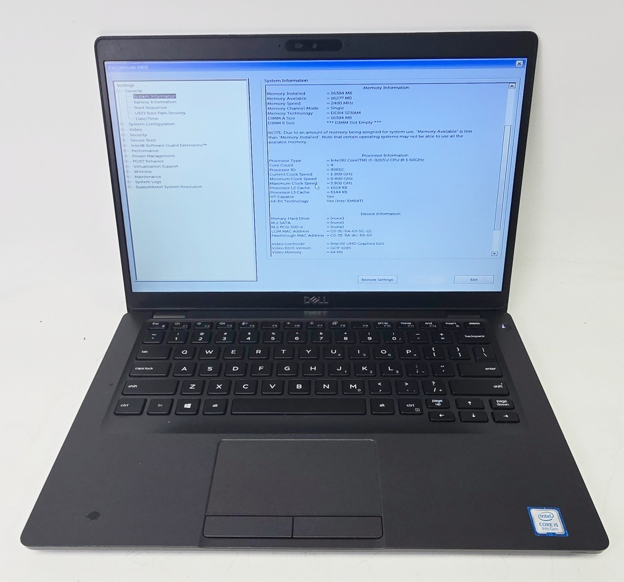 Dell Latitude 5400 14″ FHD i5-8265U 1.6GHz 16GB RAM No SSD