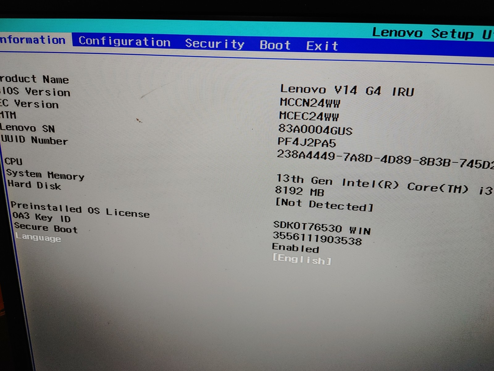 Lenovo V14 G4 IRU Core i3-1315U@8GB RAM , NO SSD , NO SCREEN , FOR PARTS ONLY