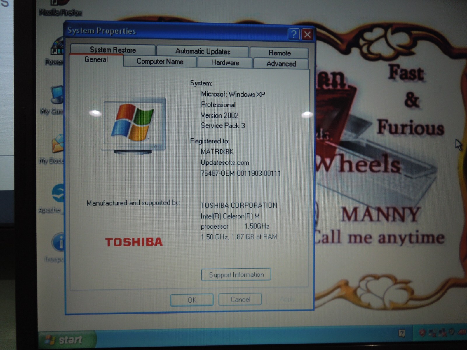 toshiba satellite l25-s119 intel celeron@1.40ghz 1.87GB ram 60gb hdd WINDOWS XP