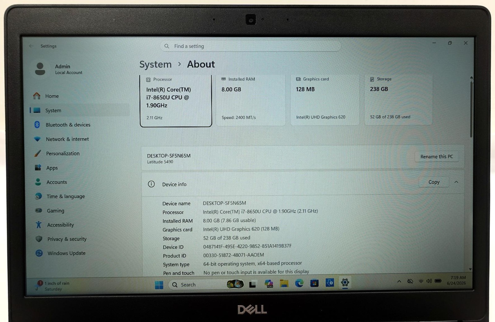 Dell Latitude 5490 14″ Core I7-8650U 1.90GHz 8GB 256GB SSD Laptop