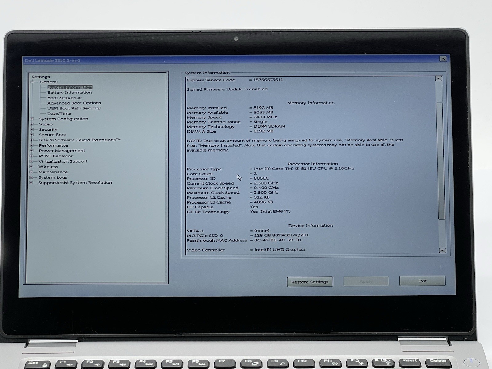 Dell Latitude 3310 2-in-1, i3-8145, @ 2.10GHz, 8GB RAM, 128GB VNMe-No OS/Charger