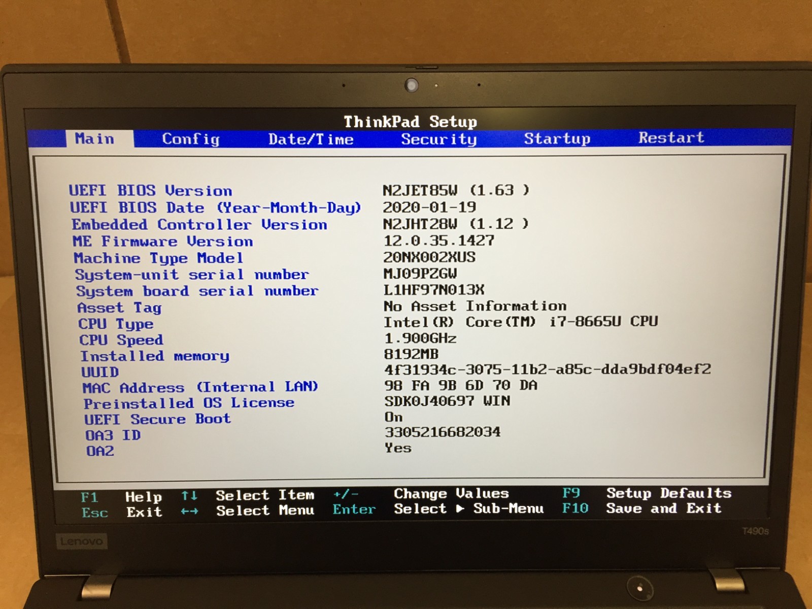 Lenovo ThinkPad T490s 14″ FHD Laptop i7-8665U 1.9GHz 8GB RAM (No SSD/Battery)