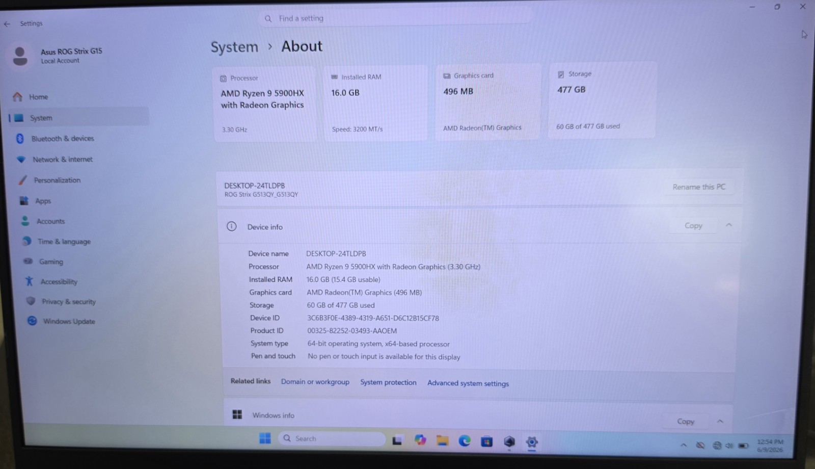 Asus ROG Strix G513QY 15.6″ Ryzen 9 5900HX 3.3GHz, 16GB RAM, 500 GB SSD, RX 6800