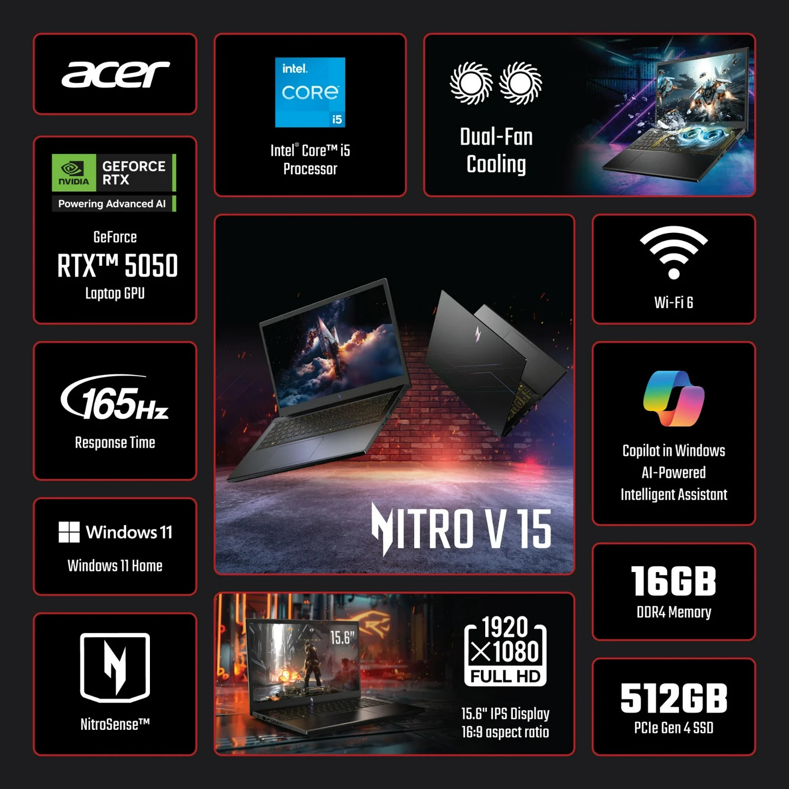 Acer Nitro V Laptop 15.6″ FHD IPS 165Hz RTX 5050 Intel i5-13420H 16GB 512GB