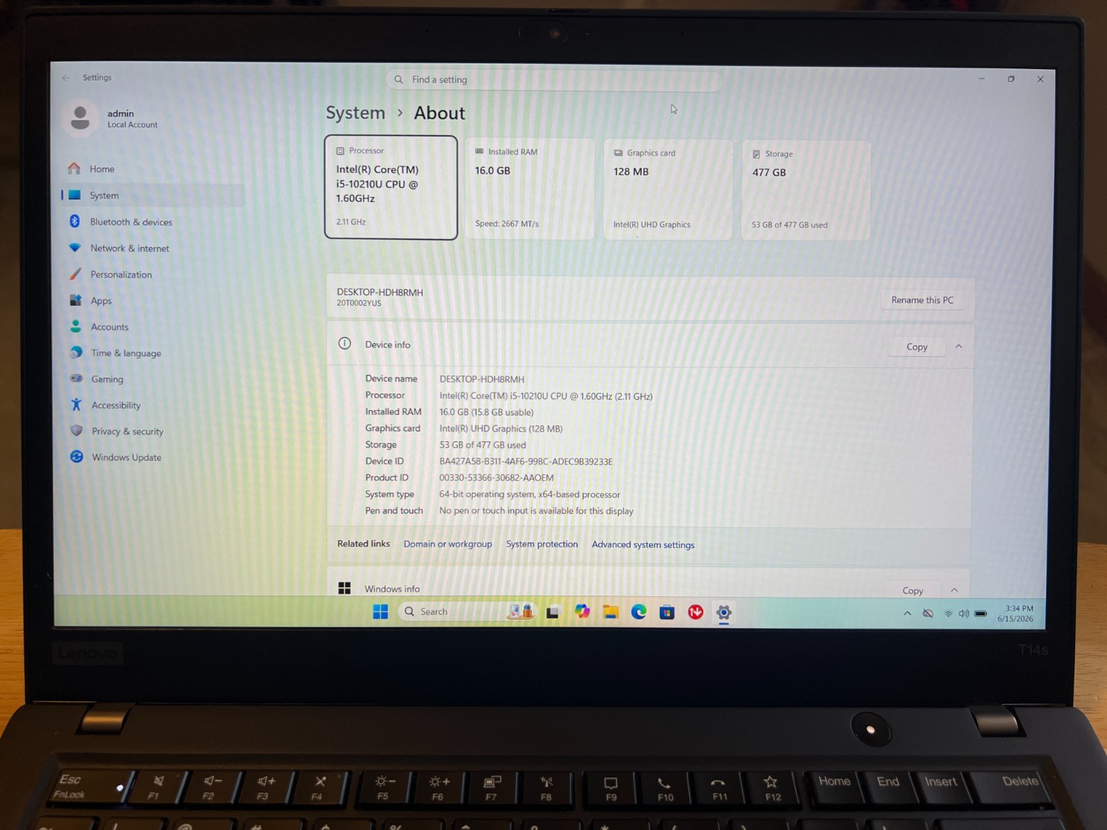 Lenovo ThinkPad T14s Gen 1 (20UH) — Intel i5-10210U 1.6Ghz, 16GB DDR4, 512GB M2