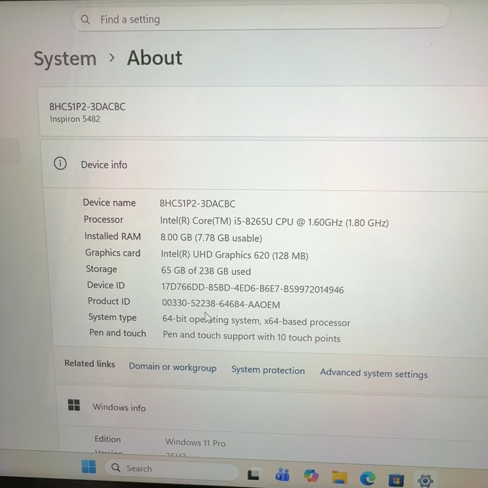 Dell Inspiron 5482 2-in-1 Laptop i5-8265U 8GB RAM 256GB SSD Touch Win 11