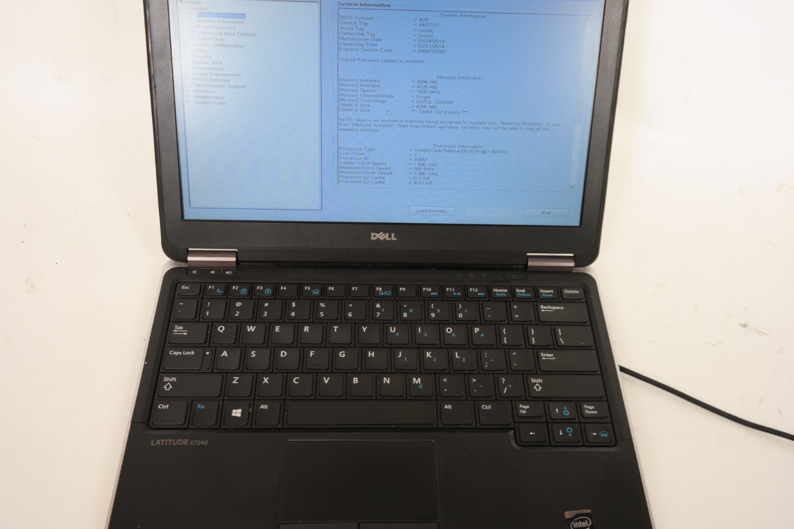 Dell Latitude E7240- intel i5 – 4GB RAM – No HDD – Boots to bios