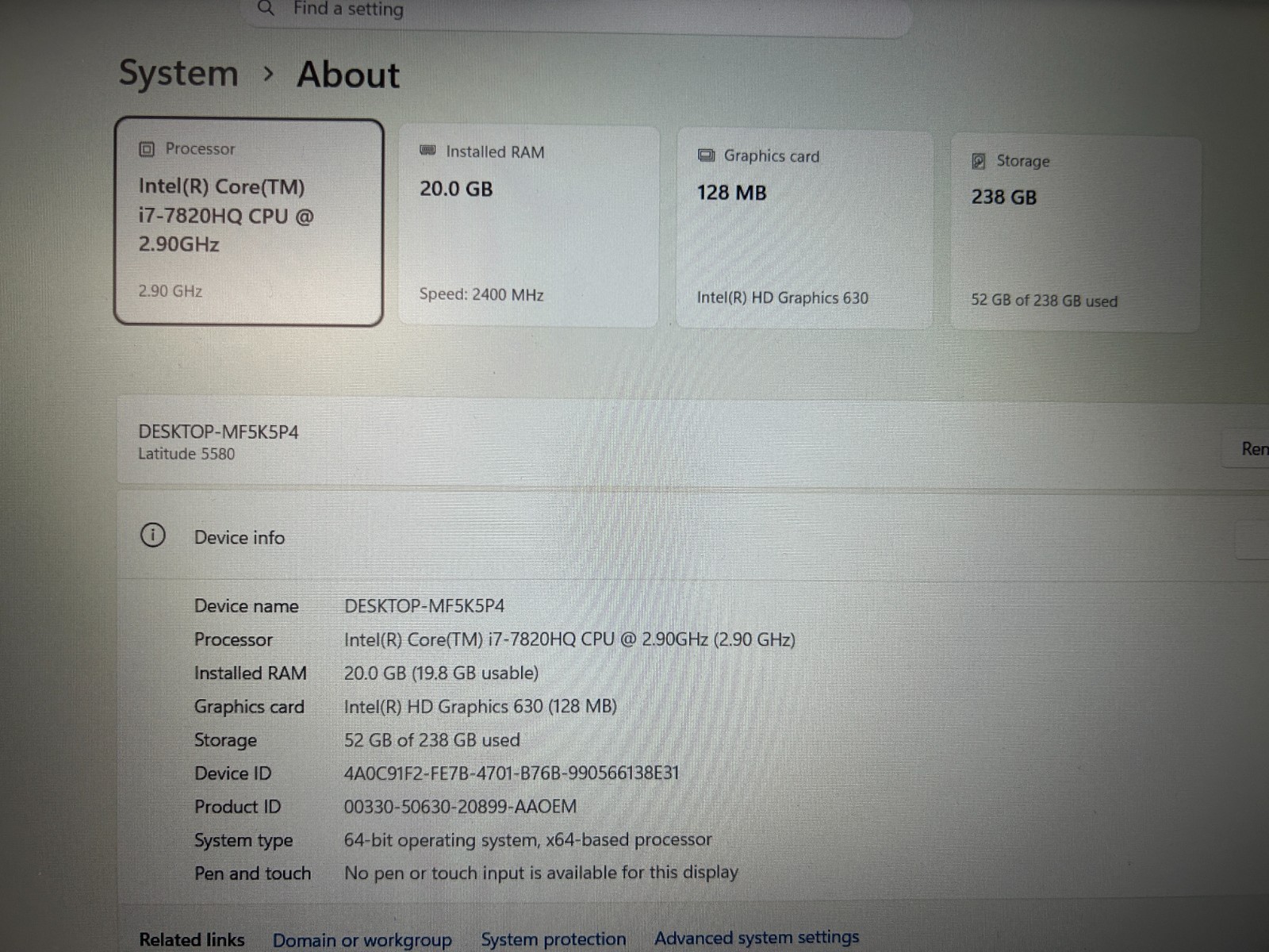 Dell Latitude 5580 15.6″ Intel Core i7-7820HQ 2.90GHz 20GB Ram 256GB SSD Laptop