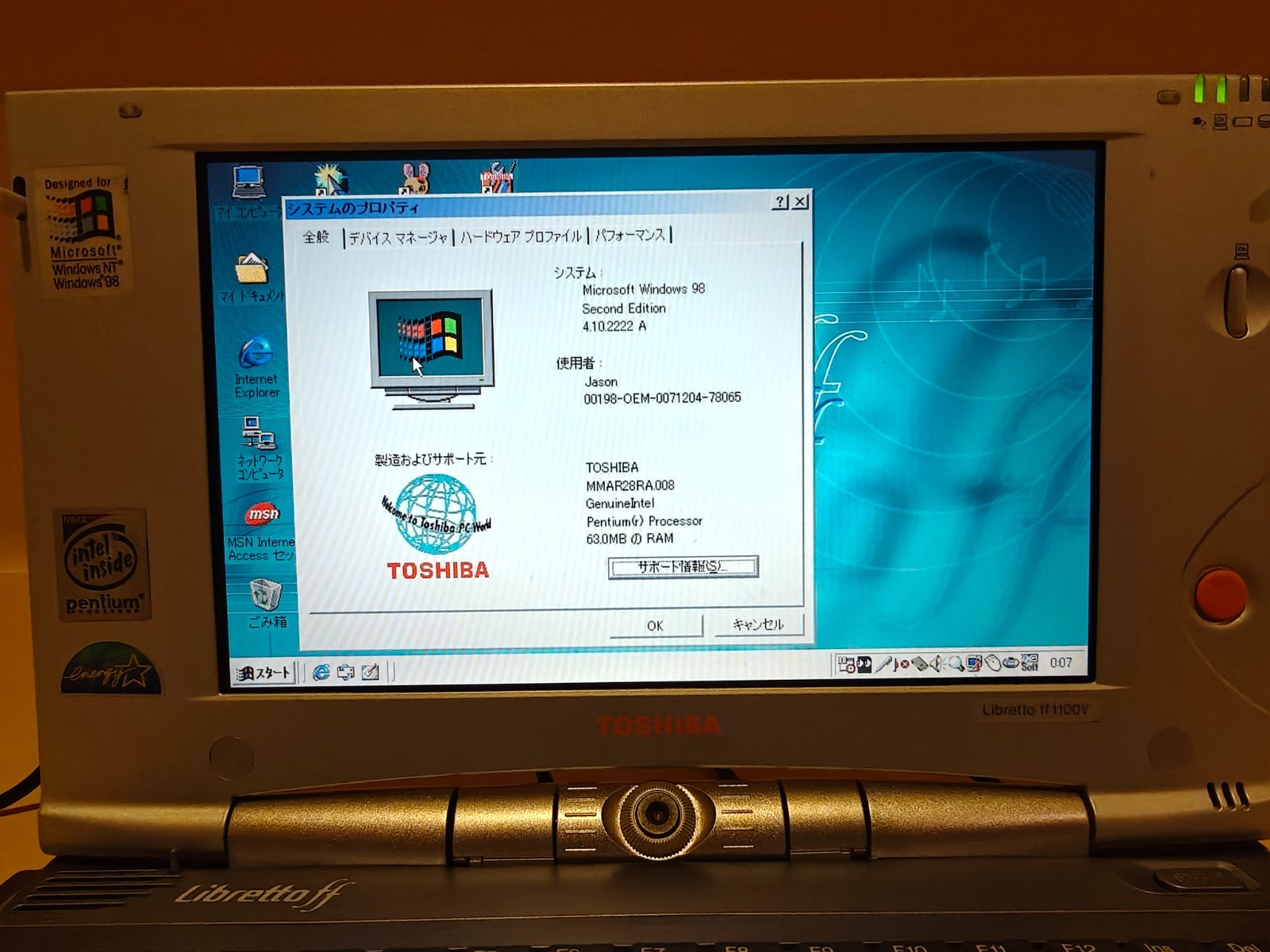 Toshiba Libretto ff1100v P266MHz 64MB, 32GB HD 2X Win98 w/CD-ROM & Lots More IOB