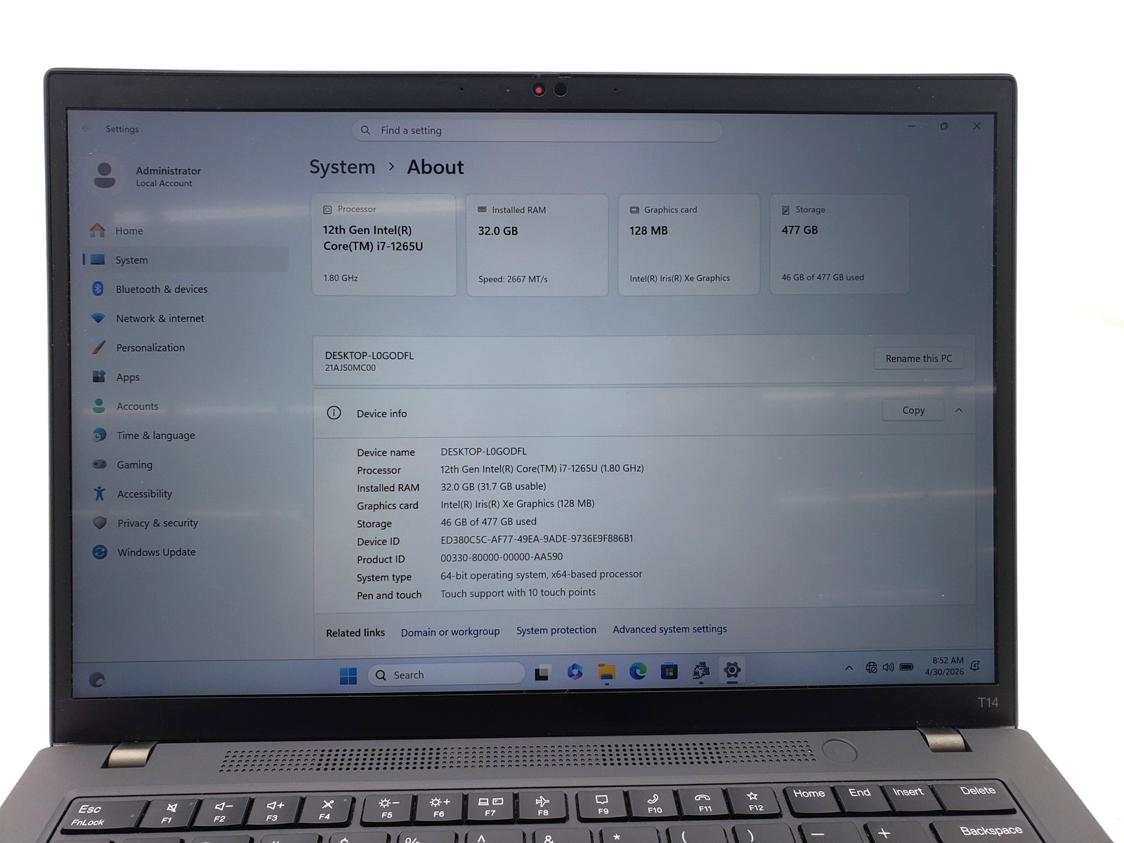 Lenovo T14 Gen 3 i7-1265U 32GB Ram Touchscreen 512GB SSD Backlit KB Win 11 Pro