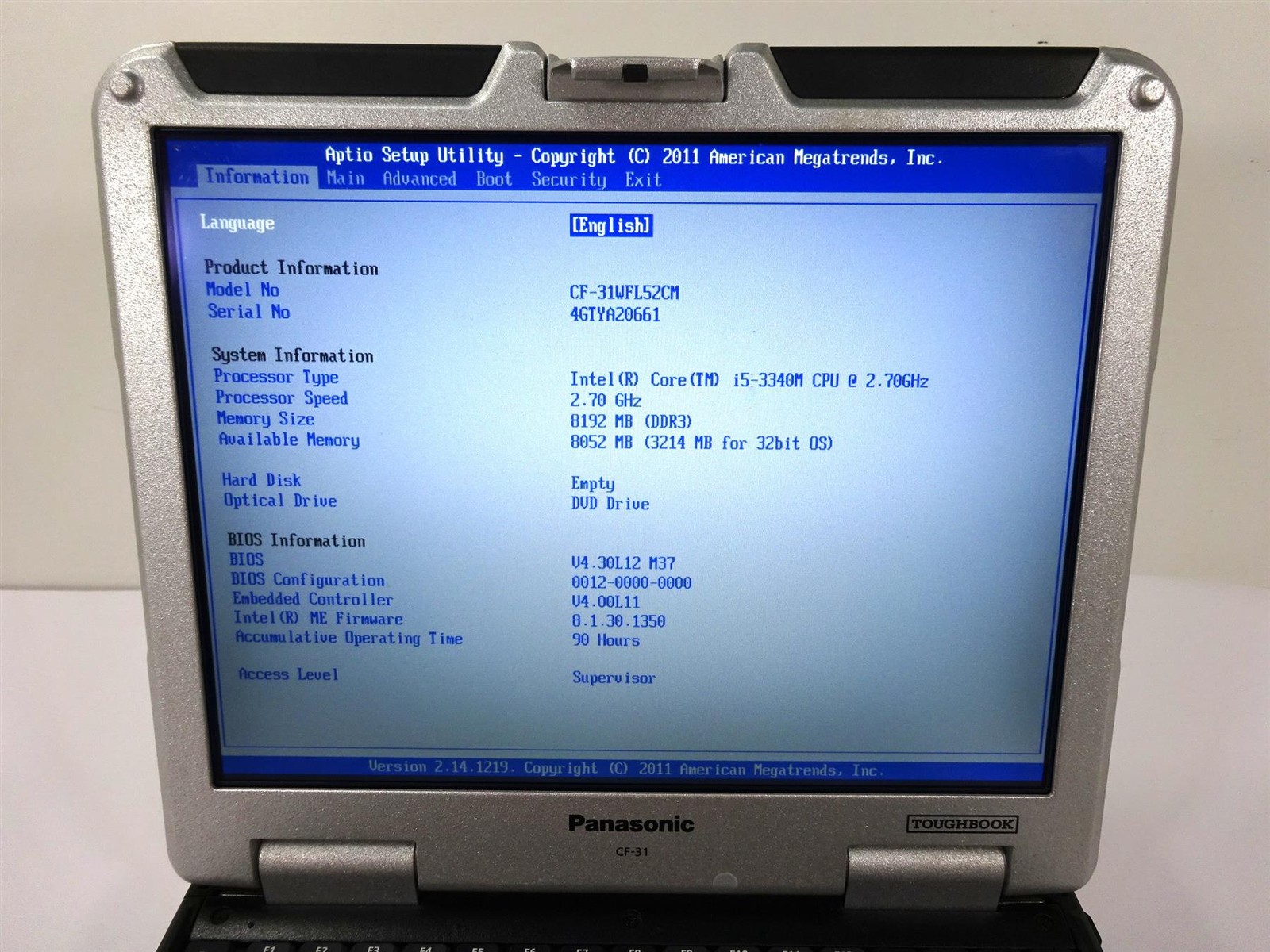 Panasonic CF-31 Core i5-3340M 2.7GHz 8GB DDR3 – No HDD – Usage : 90 Hours