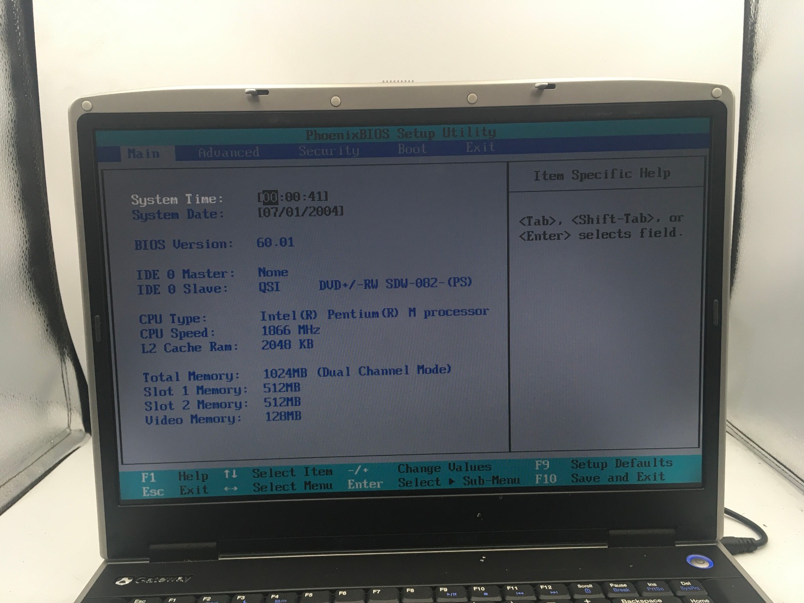 GATEWAY M460 – BOOTS TO BIOS – INTEL PENTIUM M – 1GB RAM – NO OS – READ DESC -BB