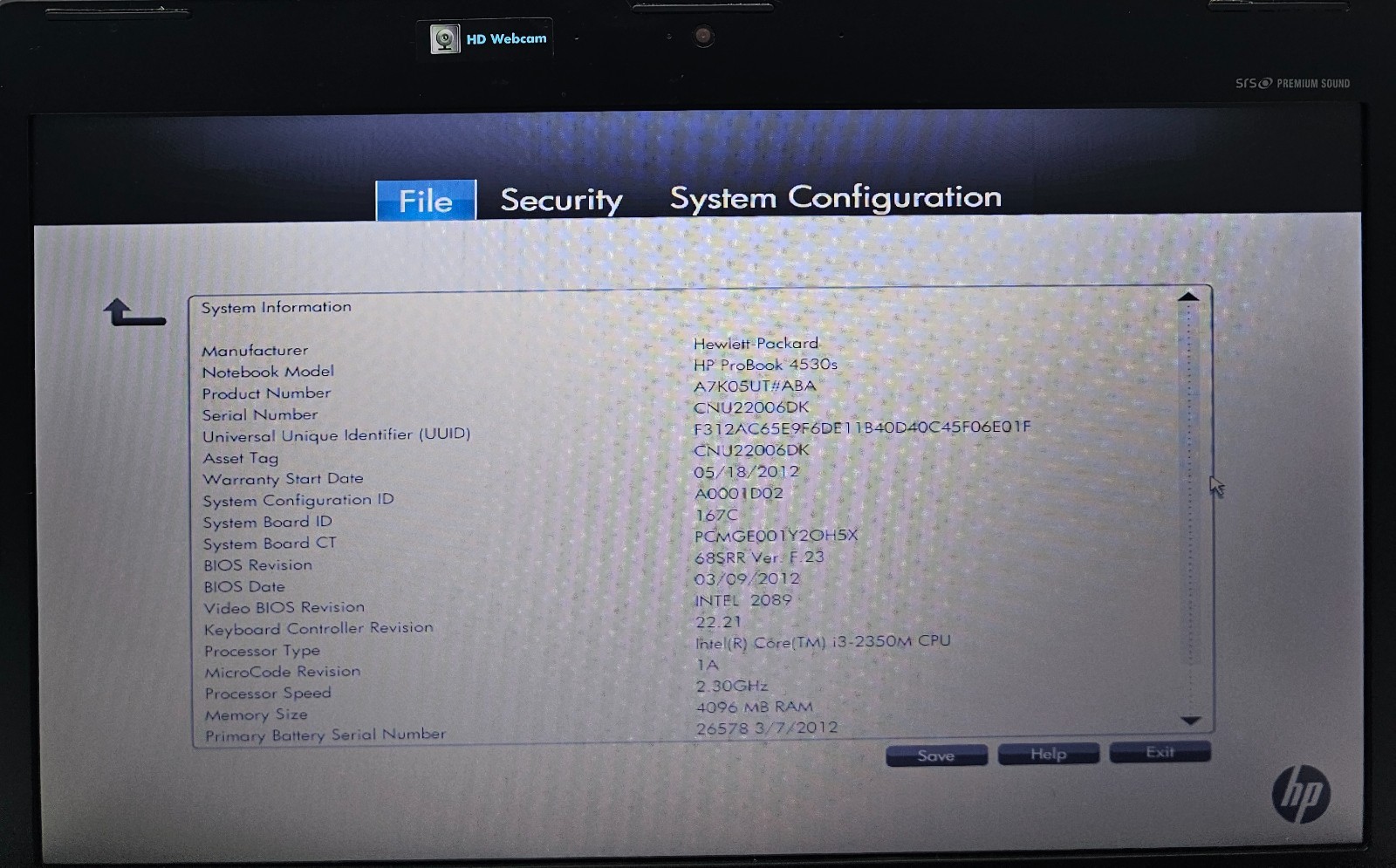 HP ProBook 4530s Laptop Intel Core i3-2350M 4GB Ram NO HD/OS (FL)
