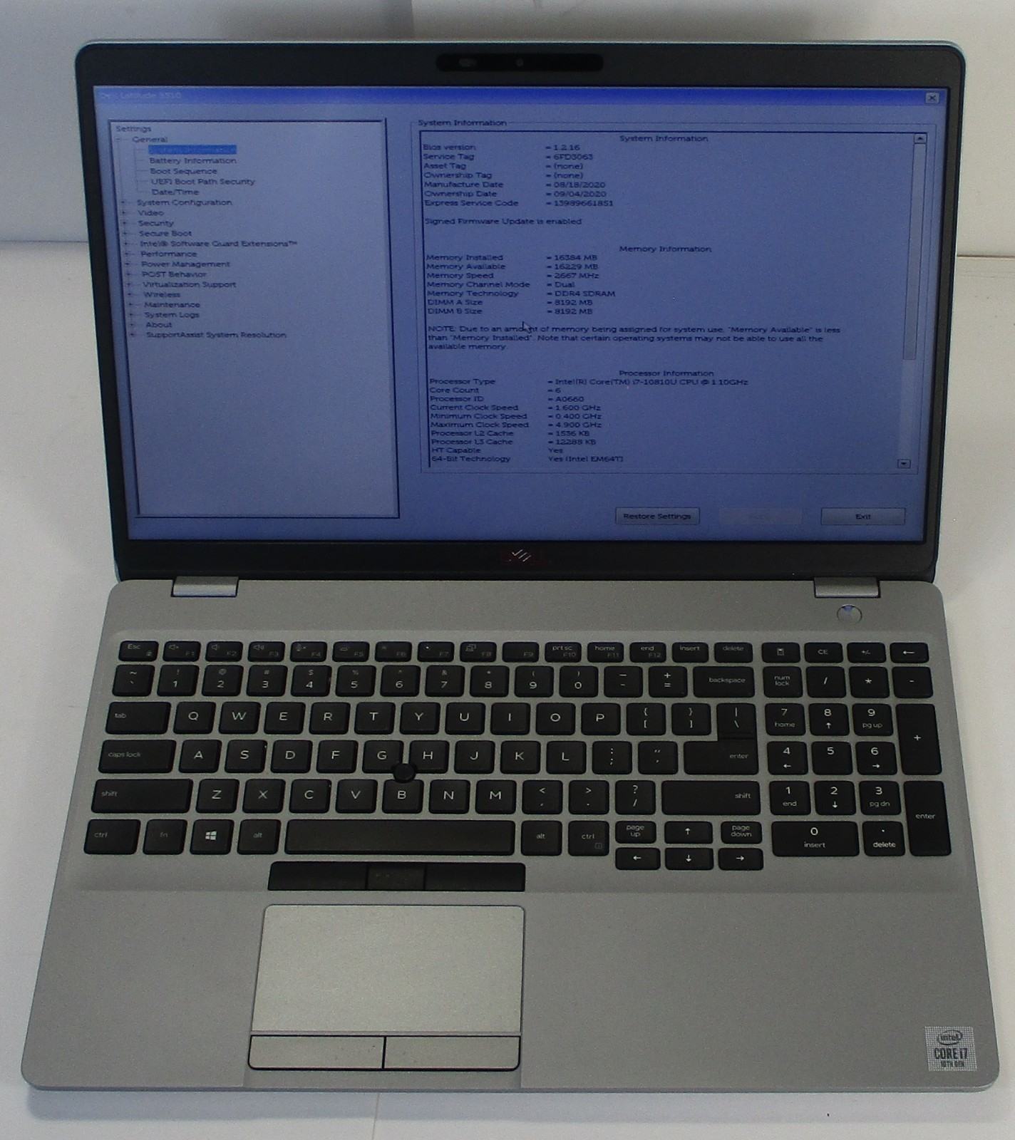 Dell Latitude 5510 Intel i7-10810U CPU, 16GB Ram, No SSD/Power Supply