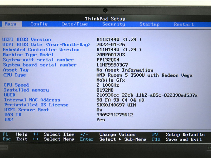 Lenovo ThinkPad E595 Laptop Ryzen 5 3500U 8GB 256GB SSD Win10 Pro COA C Grade