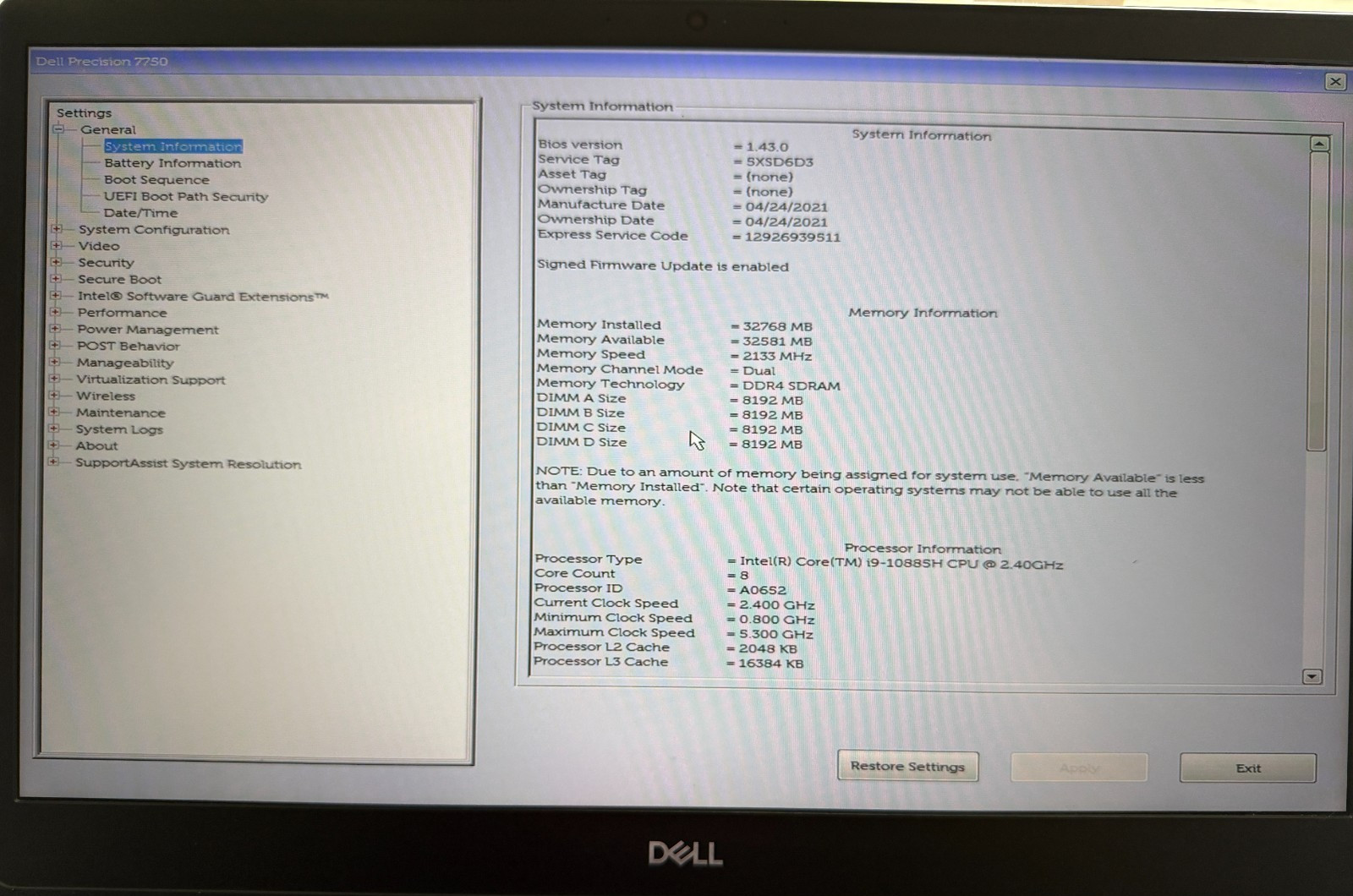 DELL PRECISION 7750 17.3″ i9-10885H 32GB (2)500GB SSD NVIDIA RTX 3000 WIN 11 PRO