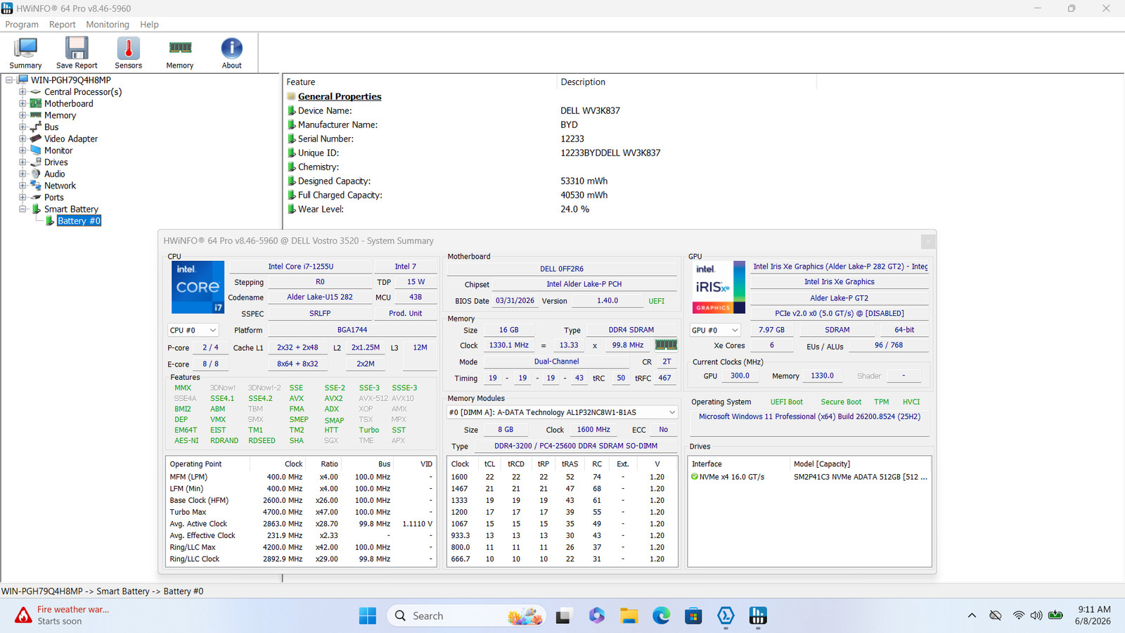 Dell Vostro 3520 15.6 Core i7-1255U 16GB 512GB SSD W11 Grade D