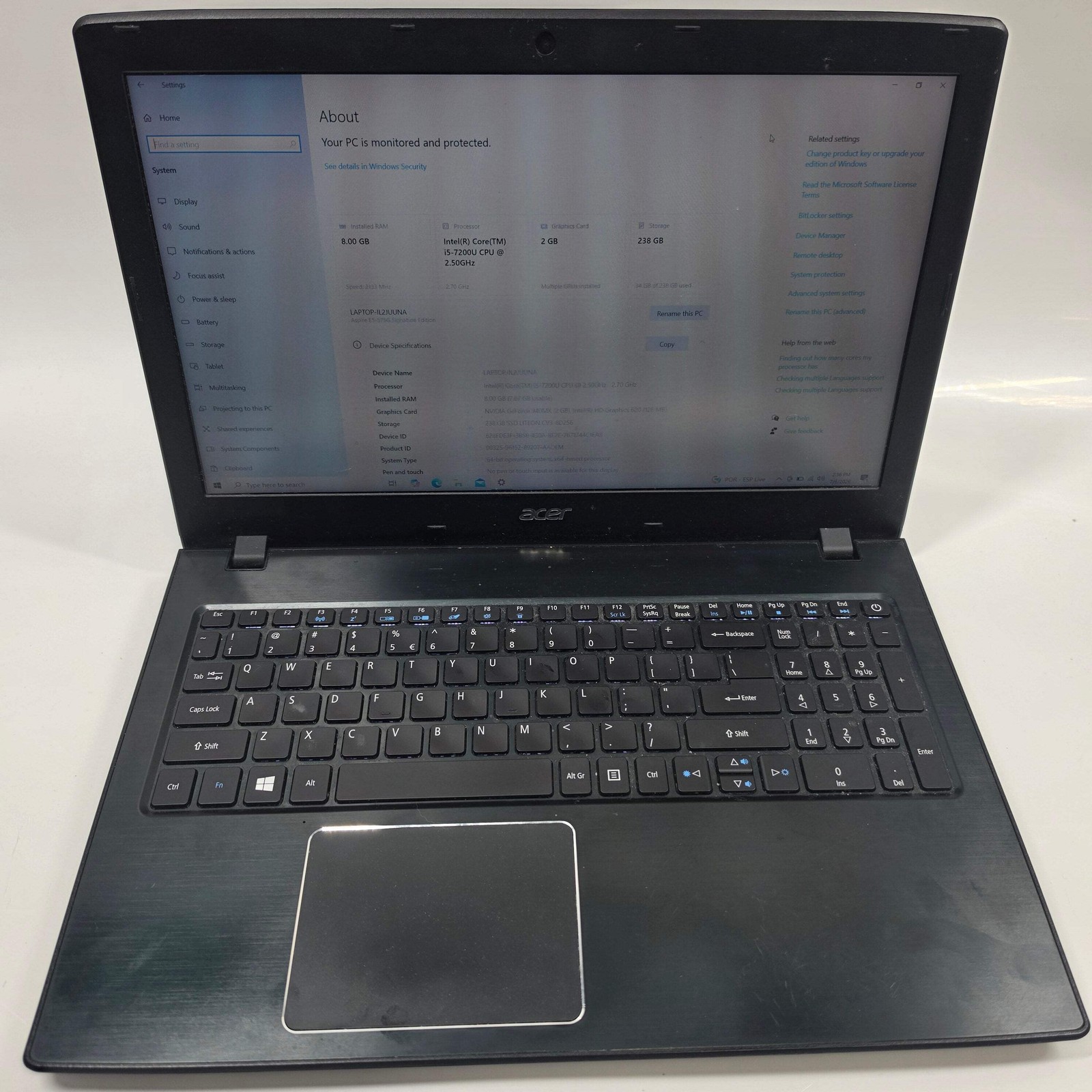 Acer Aspire E5 15.6″ i5-7200U 2.5GHz 8GB RAM 256GB SSD