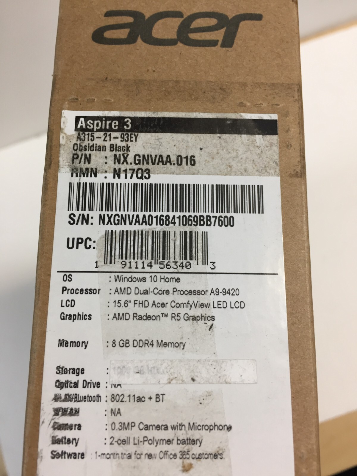 *Bad Battery*Acer Aspire 3 A315-21-93EY 15.6″ Laptop/AMD A9-9420/8GB/128GB SSD