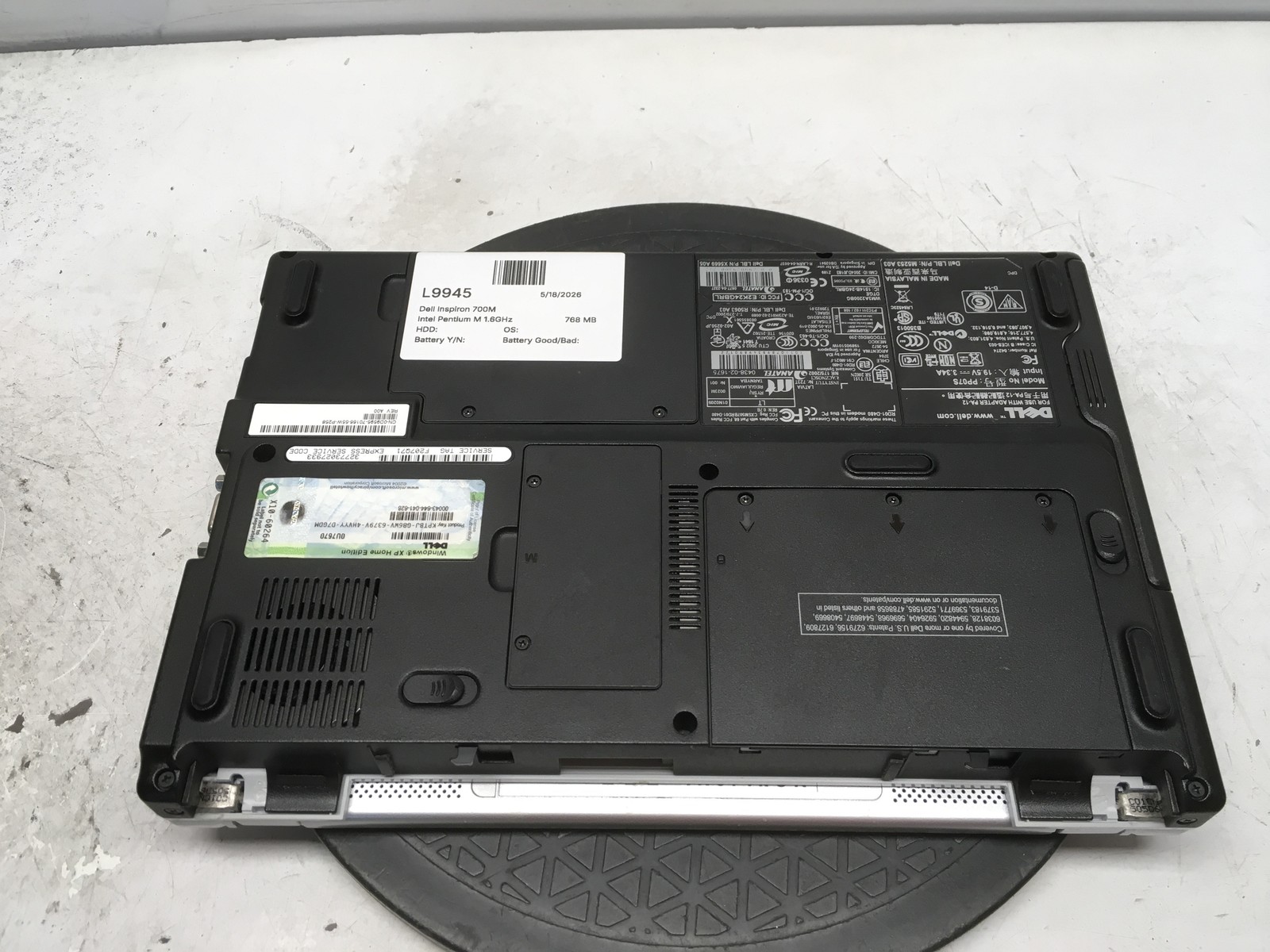 Dell Inspiron 700M Intel Pentium M 1.6GHz 768 MB NO HDD No Batt