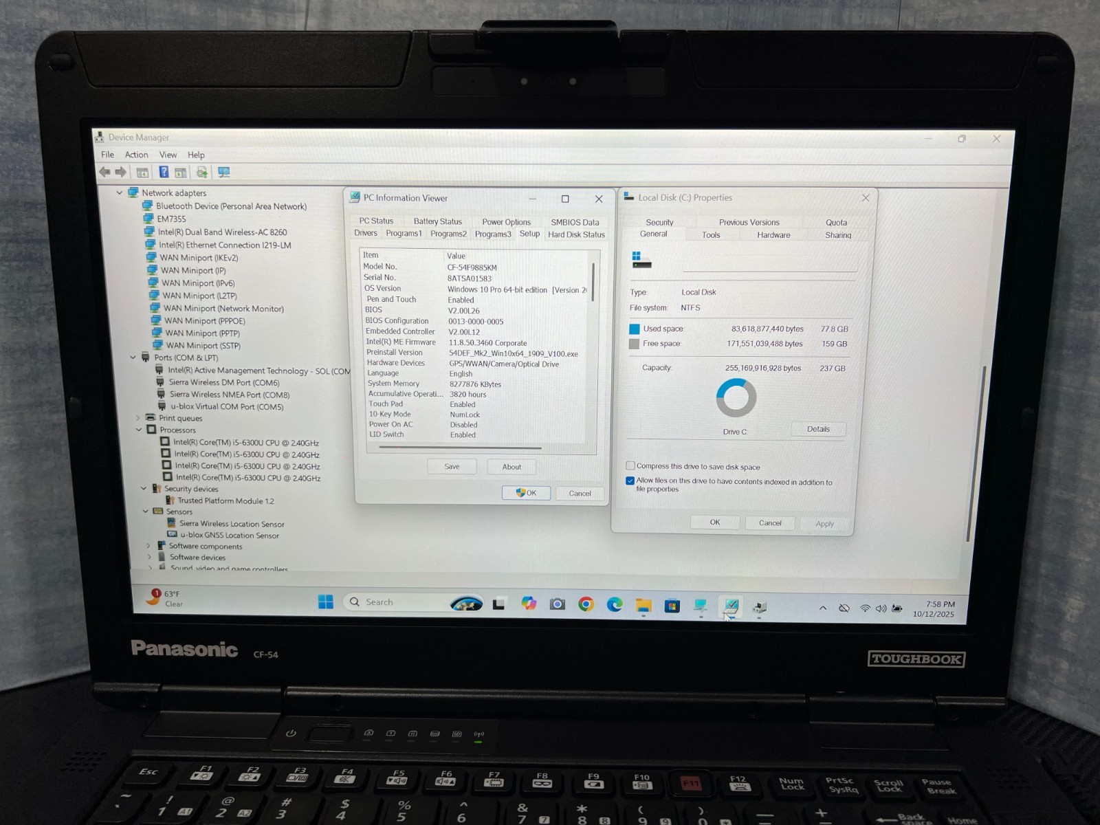 CF-54F9885KM, i5-6300U 2.40Ghz,8GB Mem,256GB SSD,Touchscreen,4G LTE,GPS,3,820Hrs
