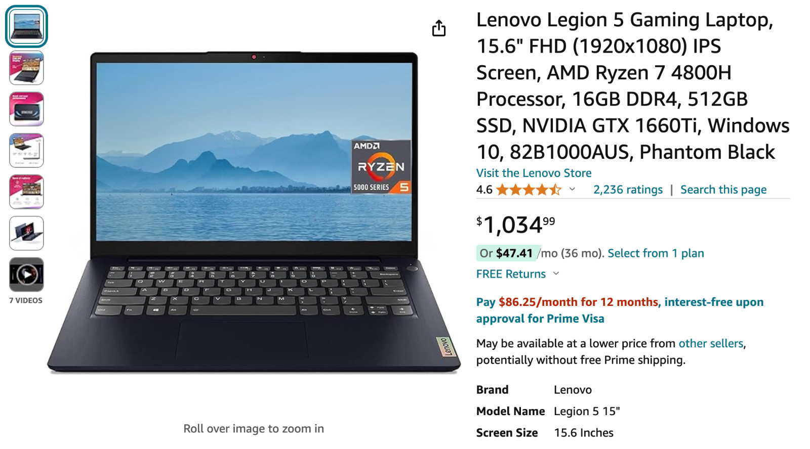 Lenovo Legion 5 Gaming Laptop, 15.6″ FHD (1920×1080) IPS Screen, AMD Ryzen 7 480