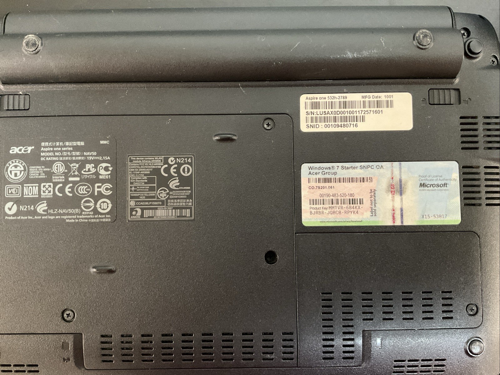Acer Aspire One A0532h Intel Atom 1.66GHz 1.00 GB 250MB Memory
