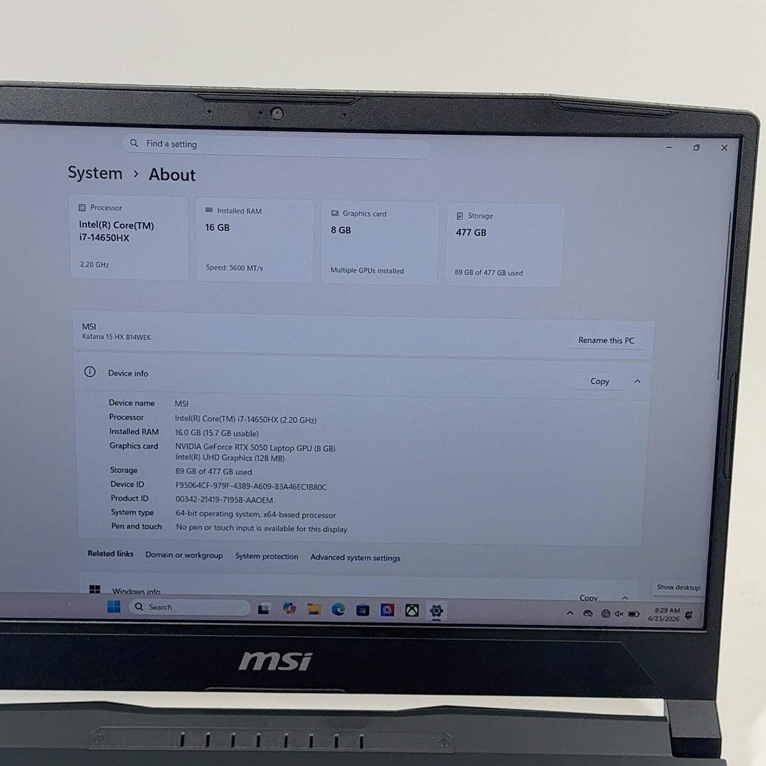 MSI Katana 15 HX B14WEK 15.6″ i7-14650HX 16GB RAM 512GB SSD GeForce RTX 5050