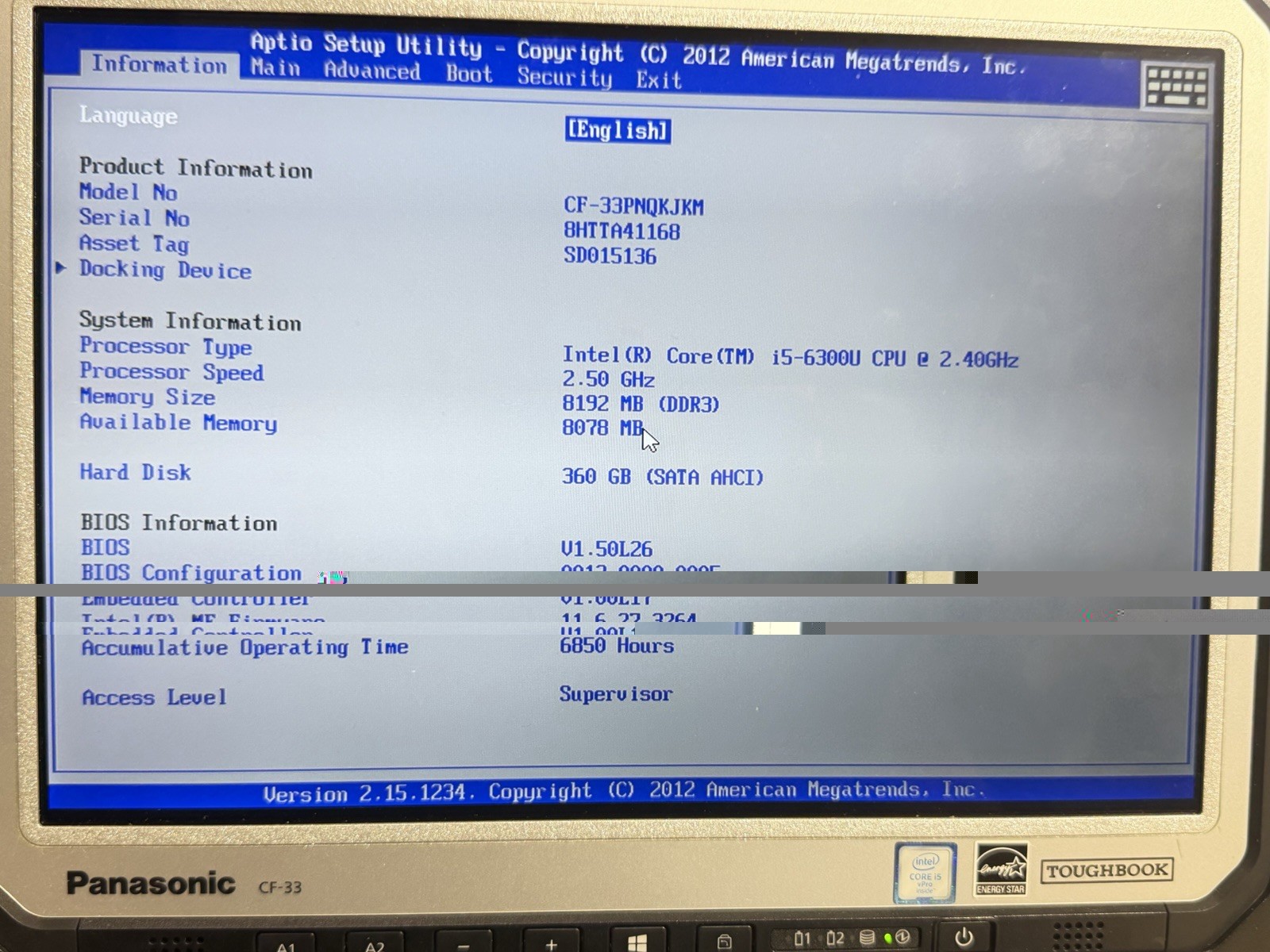 Panasonic ToughBook CF-33 12” i5-6300U 8GB Ram 360 GB SSD Win11 Pro. Touch