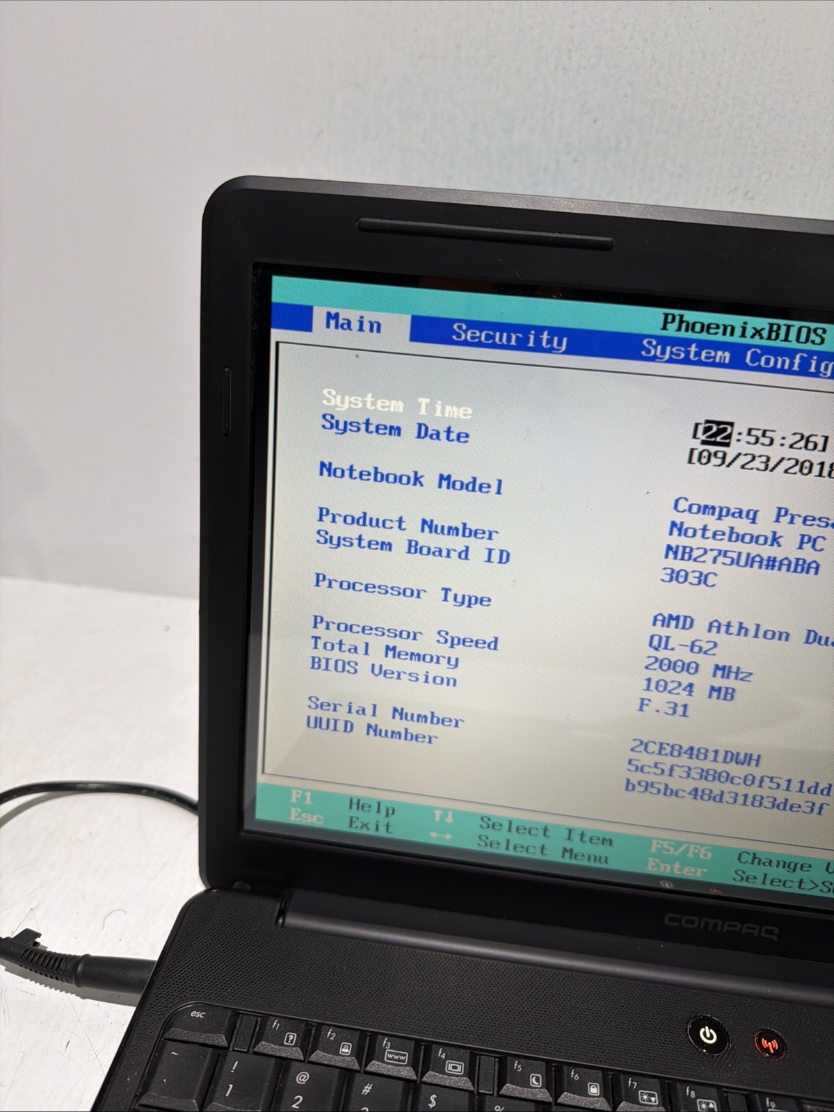 Compaq Presario CQ60 15″ Laptop AMD Athlon QL-62 1gb Ram No Drives Boots Bios