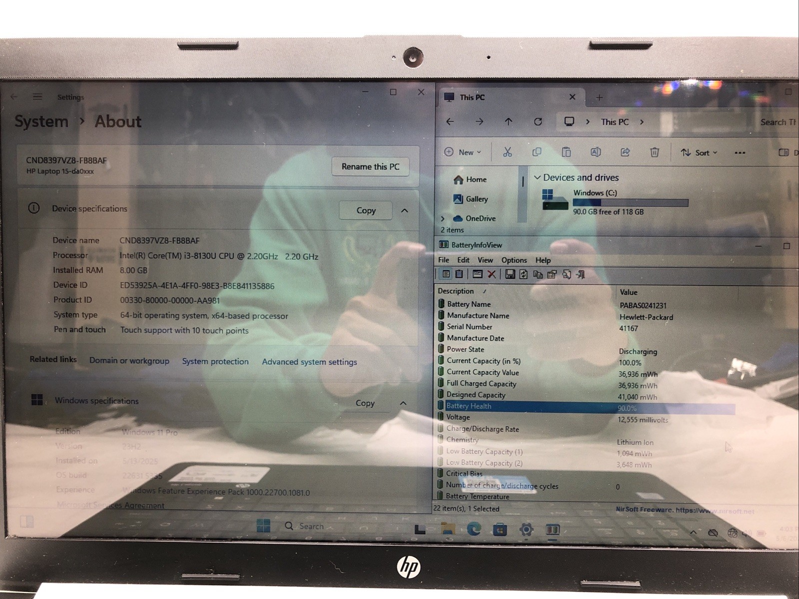 HP Laptop 15-da0xxx, Intel Core i3-8130U @2.20Ghz, 8GB RAM, 128GB SSD, W11Pro