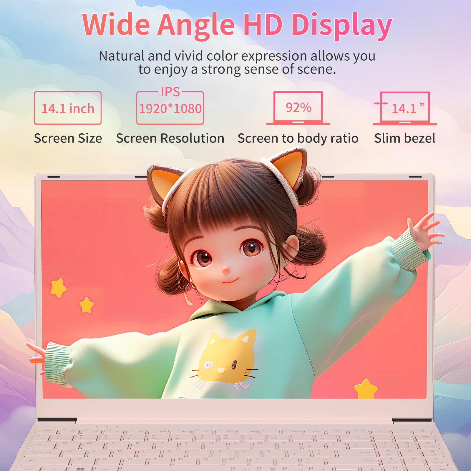 Thin Laptop 14.1″ FHD IPS N5095 Quad Core 8GB+512GB Privacy Camera Pink Notebook