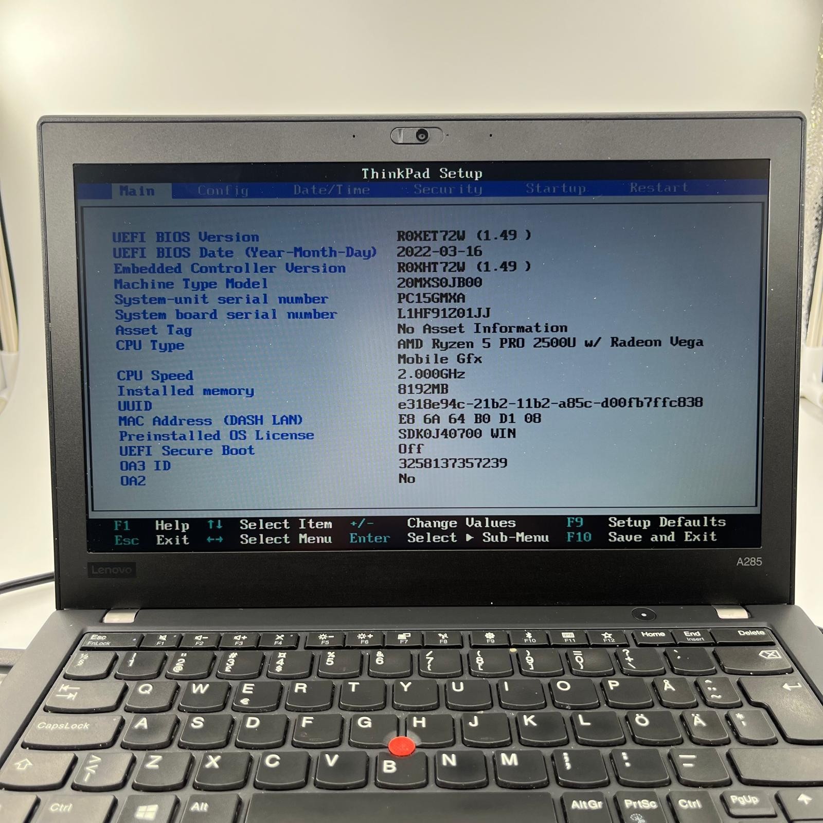 Lenovo ThinkPad A285 – Ryzen 5 PRO 2500U – 8GB RAM – 256GB SSD – 12.5″ –
