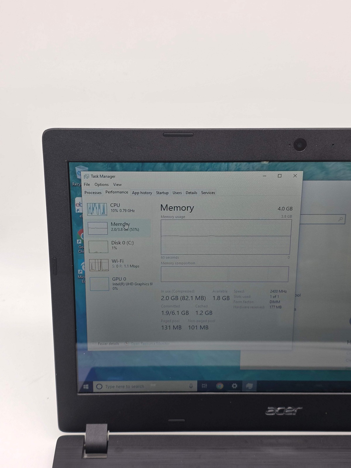 Acer Aspire 1 14″ Celeron N4000 4GB 64GB SSD Laptop Parts Only (Bad Battery)