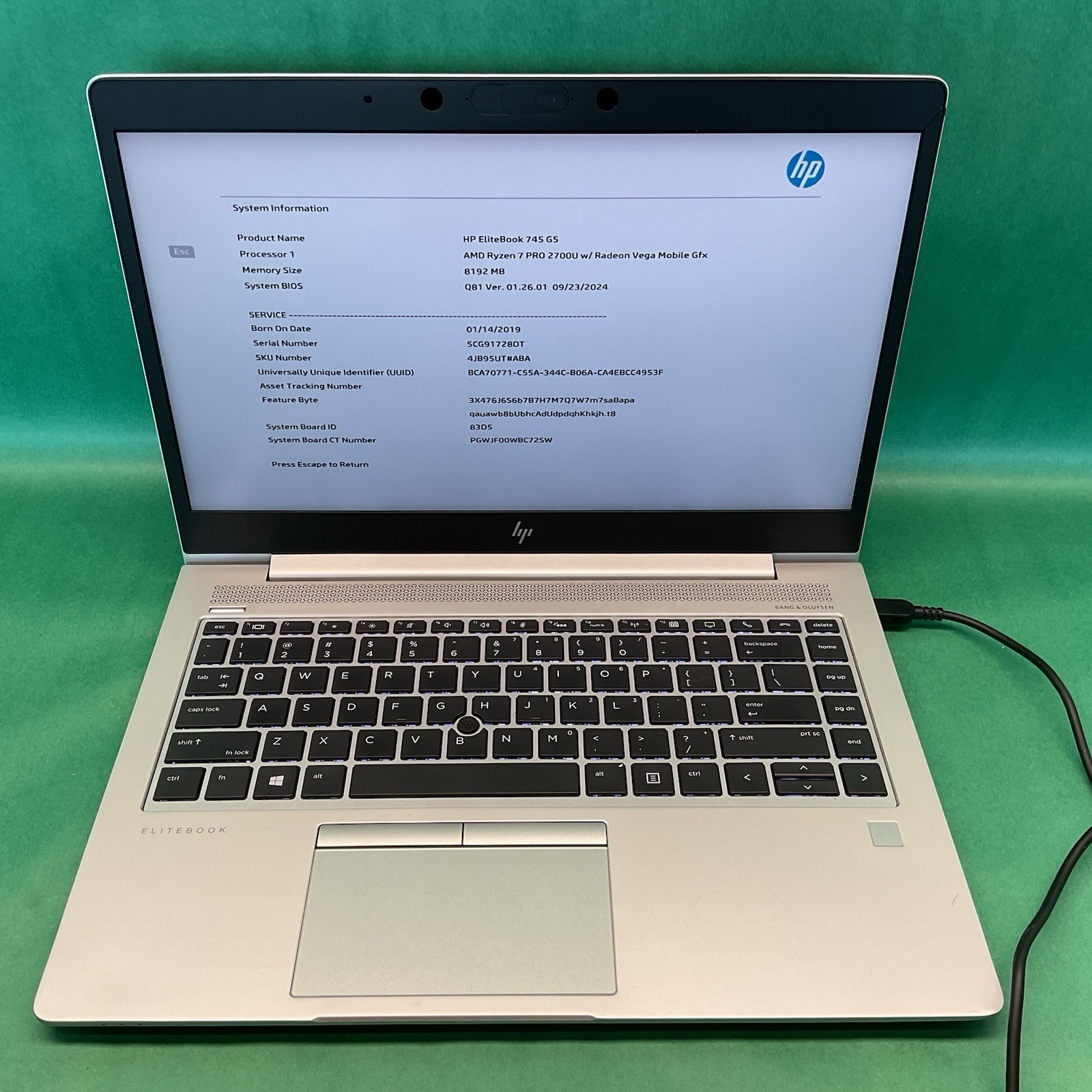 HP Elitebook 745 G5 AMD Ryzen 7 Pro 2700U – Powers On – NO HARD DRIVE- Untested