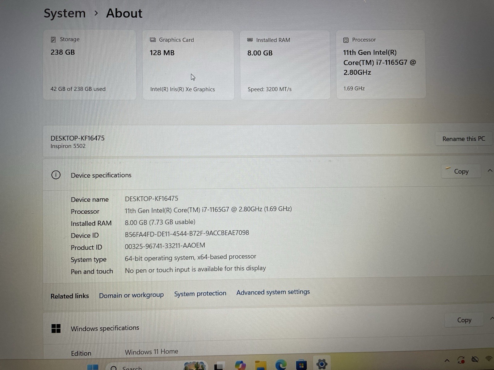 Dell Inspiron 5502 256gb Nvme Win 11 Home i7-1165G7 4 Core 2.80ghz 8gb RAM HDMI