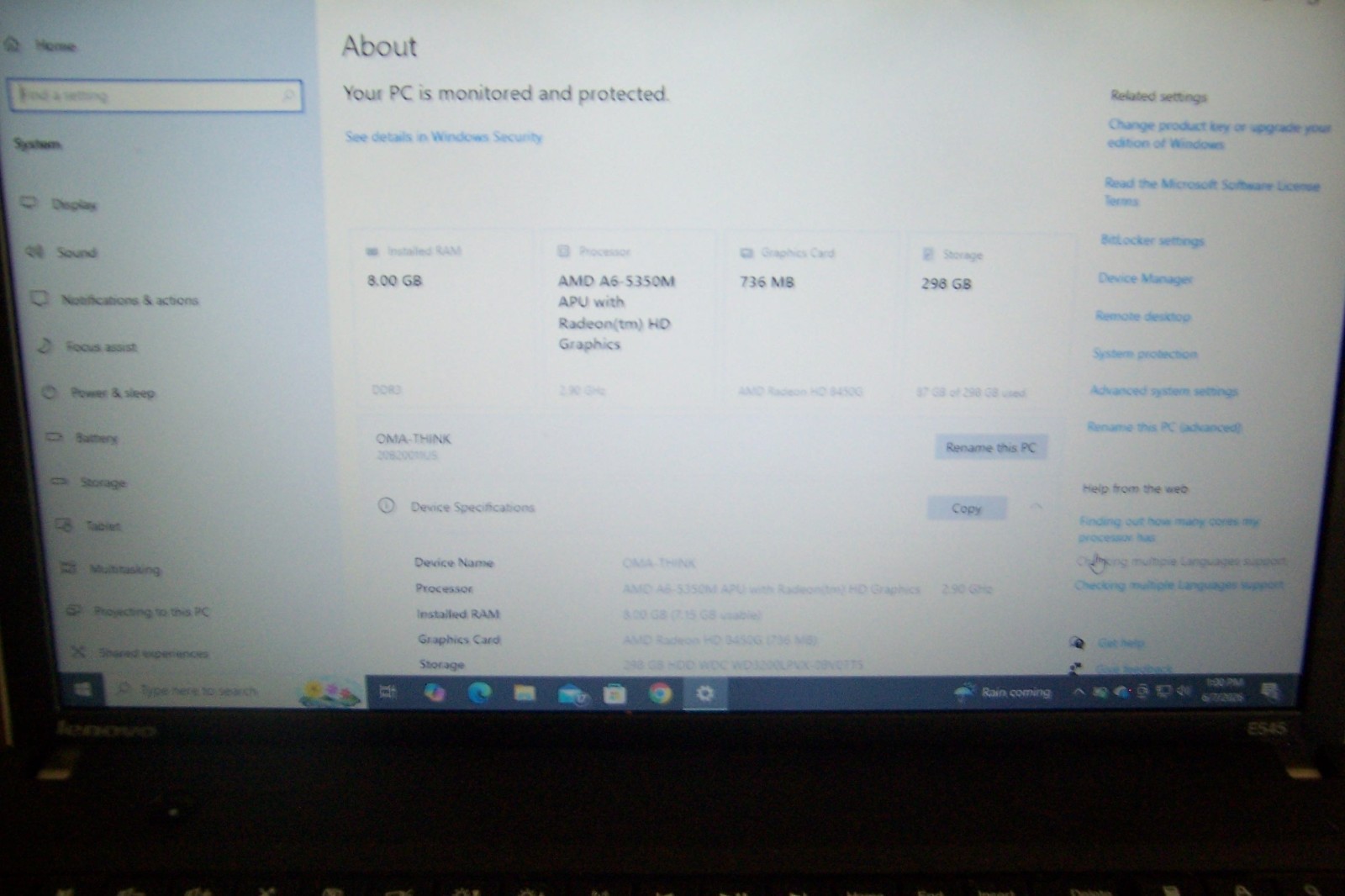 Lenovo ThinkPad Edge E545 Laptop A6-5350M 2.9GHz 277GB SSD8GB RAM DVD-R
