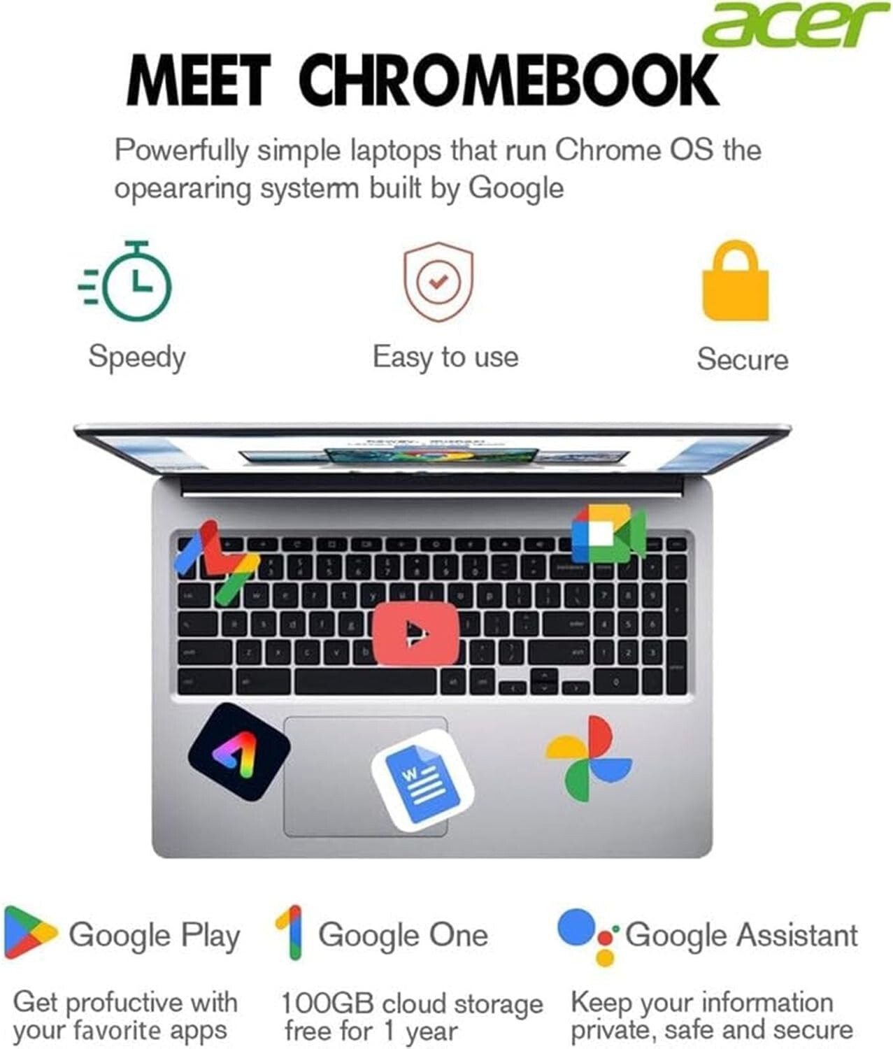 Acer 15.6″ Chromebook 315 Business Laptop, Intel Celeron N4020,4GB RAM,64GB eMMC
