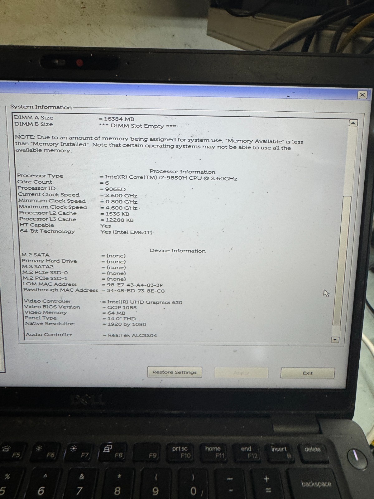 Dell Latitude 5401 Core I7-9850 2.60GHz Laptop For Parts/Repair #5449