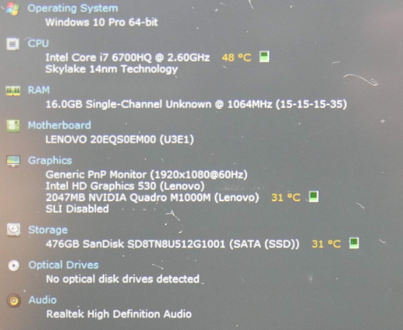 LENOVO P50 Core i7-6700HQ 15.6″ 2.60GHz 16GB 512GB Quadro M1000M Windows 10 Pro
