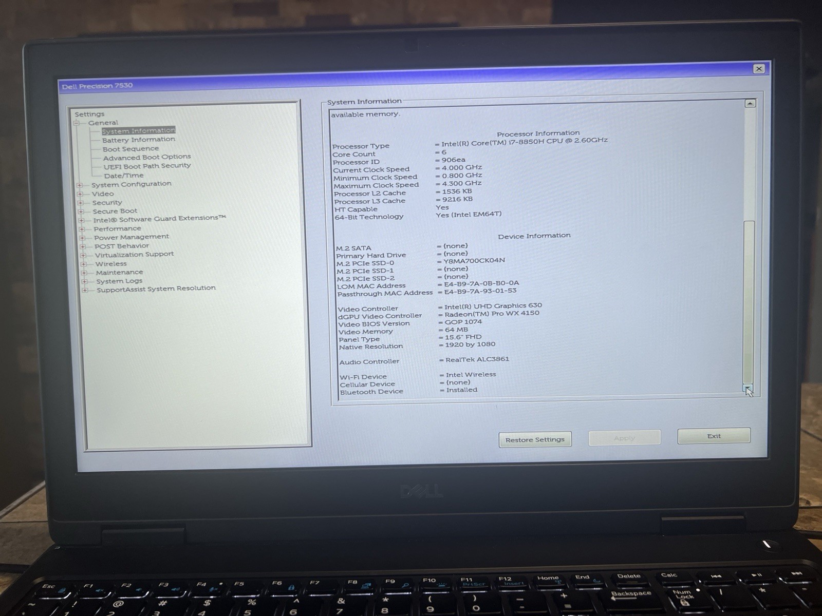 Dell Precision 7530 15.6″ Intel i7-8850H 16GB 512GB SSD Pro WX 4150 Win11