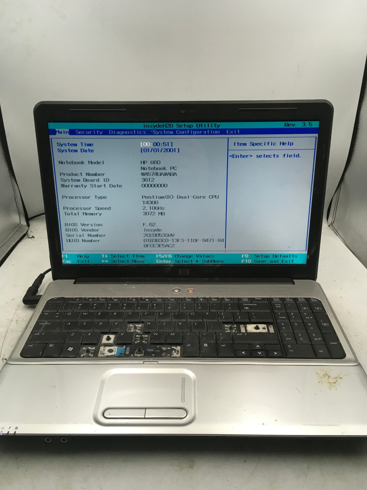 HP G60 LAPTOP – BOOTS TO BIOS – INTEL CORE 2 DUO – 3GB RAM – READ DESCRIPTION-BB